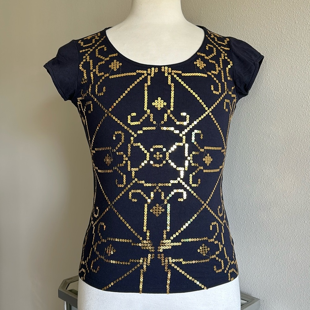Ellen Tracy | Womens Navy Blue Short Cap Sleeve Top w/ Gold Sequins - Size M - Picture 1 of 6